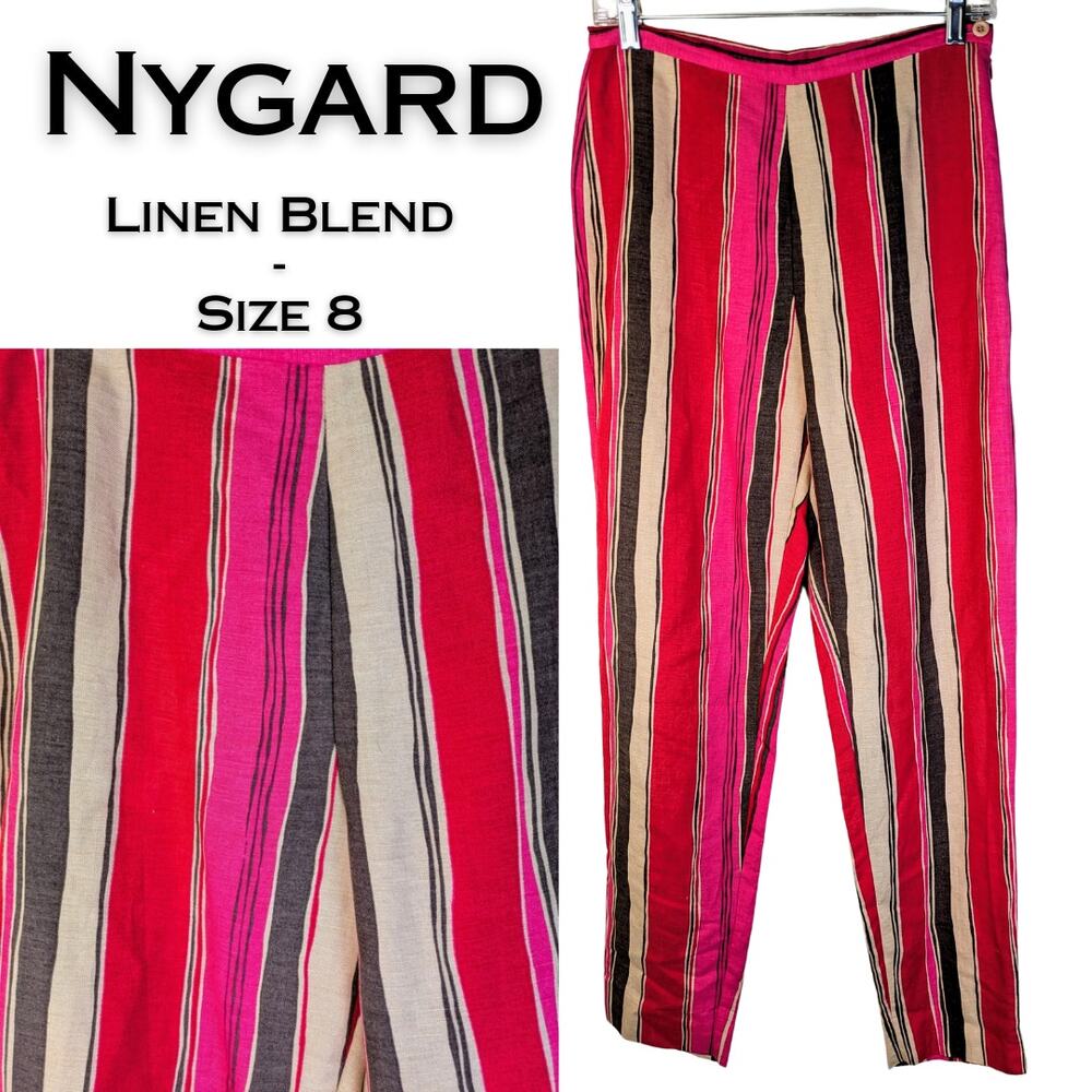 Nygard Linen Blend Pants 8 Red Pink Brown Stripe Lined High Rise Wide Taper Leg